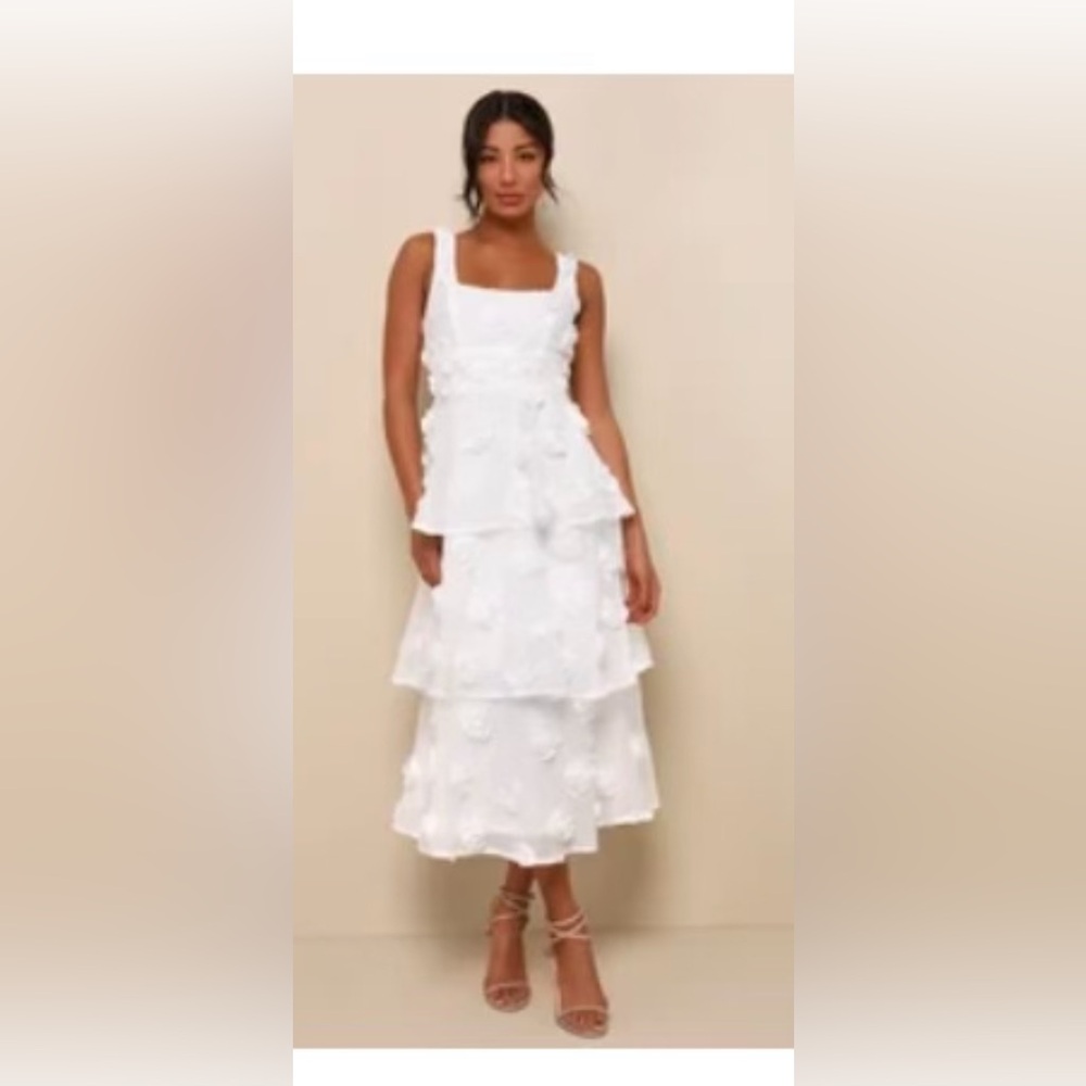 New.  Never worn. Lulu's White Maxi Dress with Ruffled Tiered.